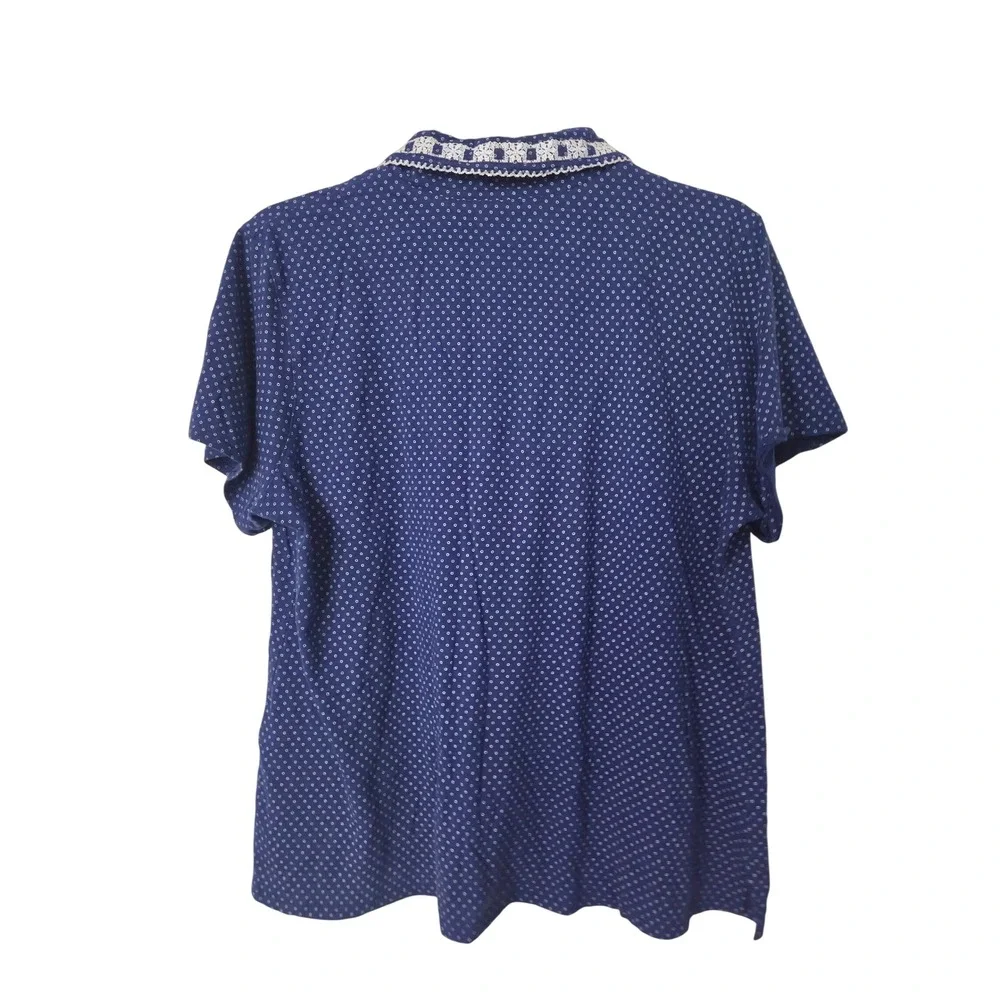 Aria Womens Pajama Set Navy Blue Polka Dot Lace Trim Button Front Size Large